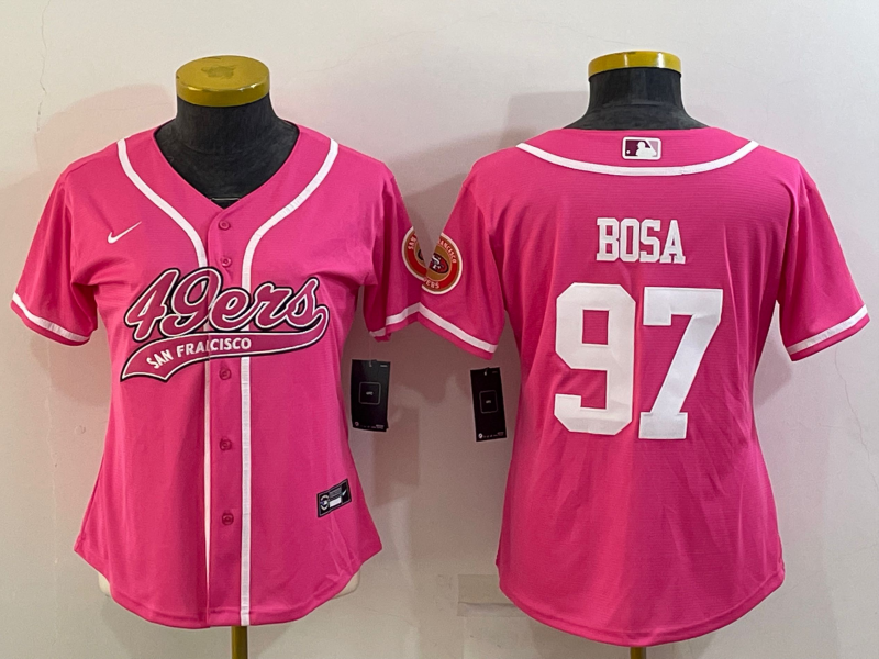 Women's San Francisco 49ers #97 Nick Bosa Pink With Patch Cool Base Stitched Baseball Jersey(Run Small) Women's San Francisco 49ers #97 Nick Bosa Pink With Patch Cool Base Stitched Baseball Jersey(Run Small)